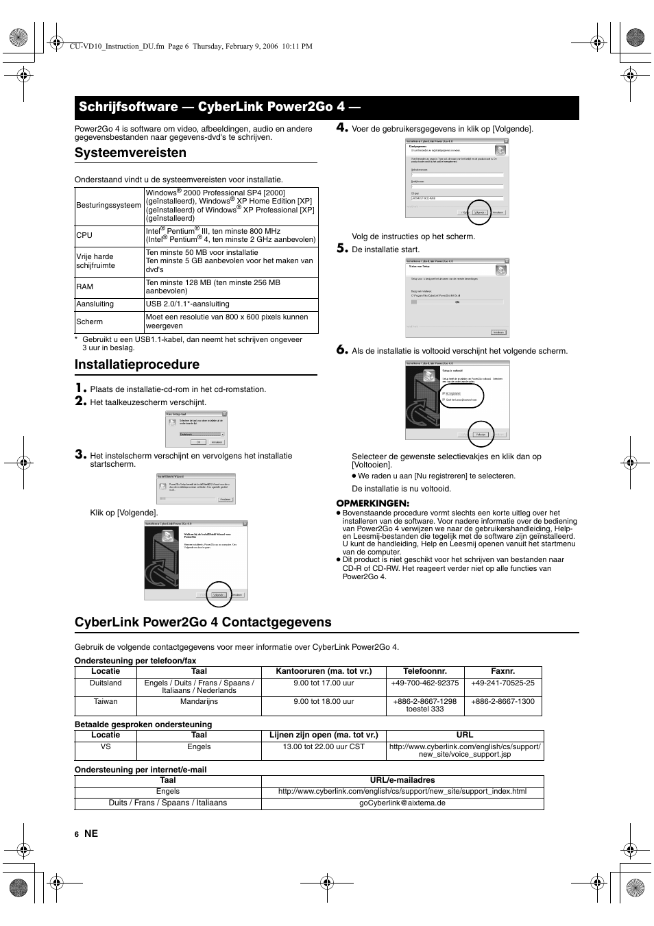 Schrijfsoftware - cyberlink power2go 4, Systeemvereisten, Installatieprocedure | Cyberlink power2go 4 contactgegevens, Schrijfsoftware — cyberlink power2go 4 | JVC CU-VD10 User Manual | Page 24 / 112