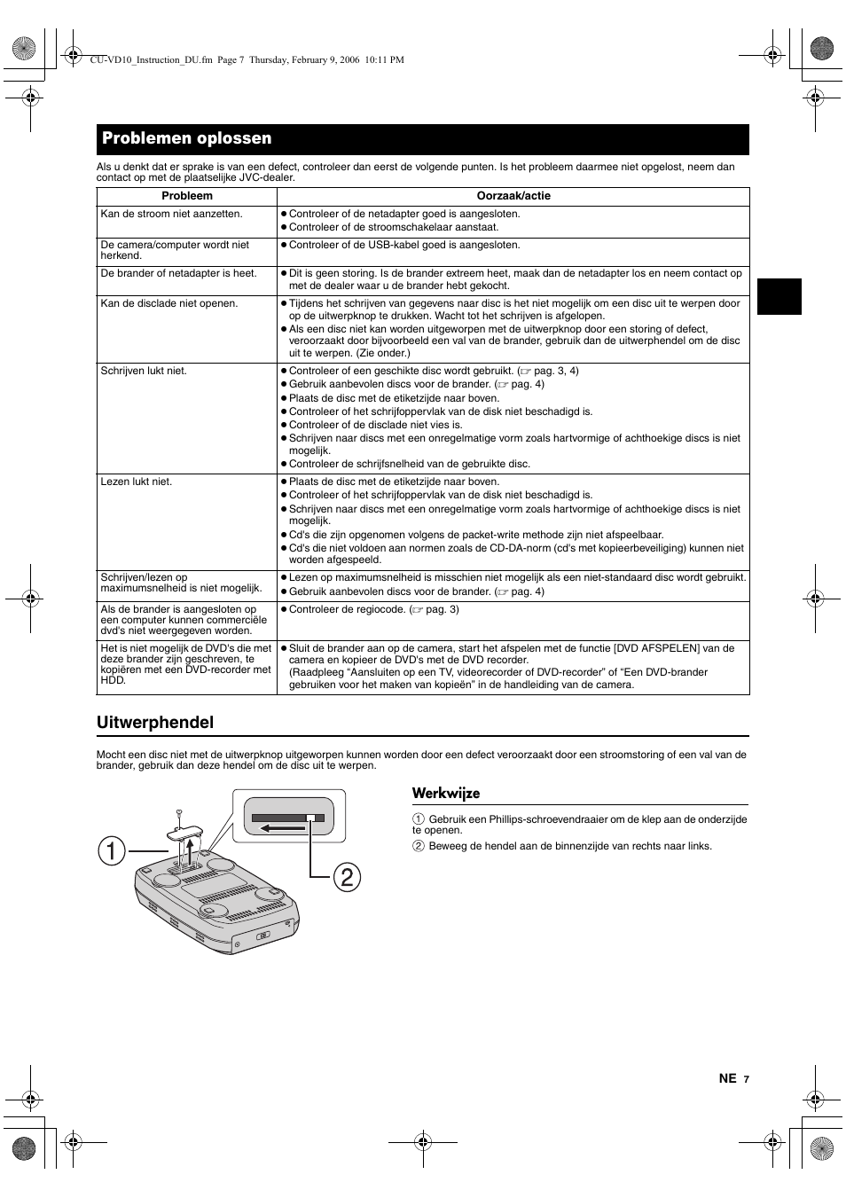 Problemen oplossen, Werkwijze, Uitwerphendel | JVC CU-VD10 User Manual | Page 25 / 112