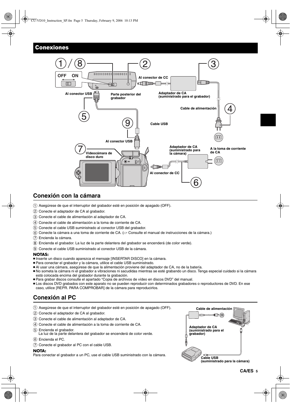 Conexiones, Conexión con la cámara, Conexión al pc | JVC CU-VD10 User Manual | Page 29 / 112