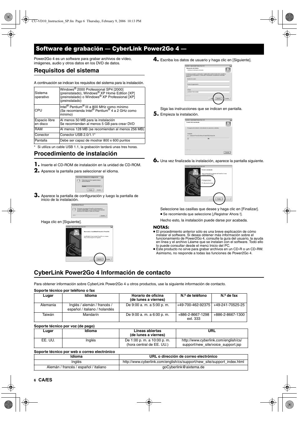 Software de grabación - cyberlink power2go 4, Requisitos del sistema, Procedimiento de instalación | Cyberlink power2go 4 información de contacto, Software de grabación — cyberlink power2go 4 | JVC CU-VD10 User Manual | Page 30 / 112