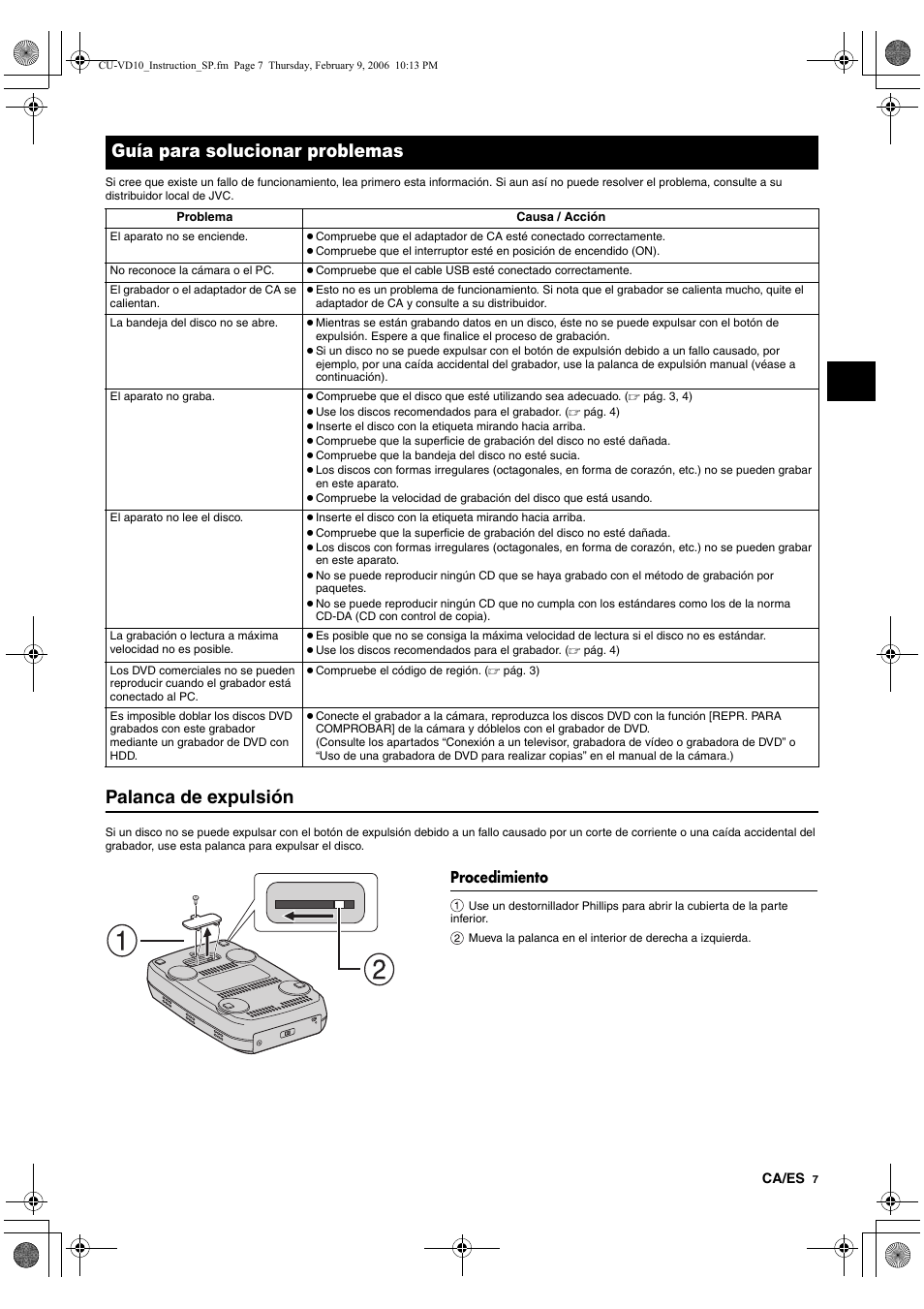 Guía para solucionar problemas, Procedimiento, Palanca de expulsión | JVC CU-VD10 User Manual | Page 31 / 112