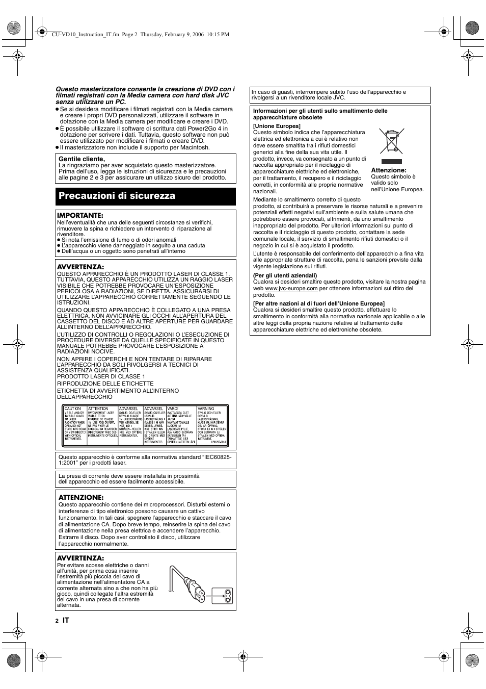 Precauzioni di sicurezza | JVC CU-VD10 User Manual | Page 32 / 112