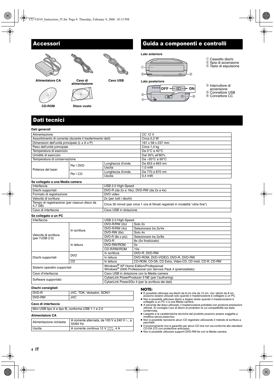 Accessori, Guida a componenti e controlli, Dati tecnici | JVC CU-VD10 User Manual | Page 34 / 112