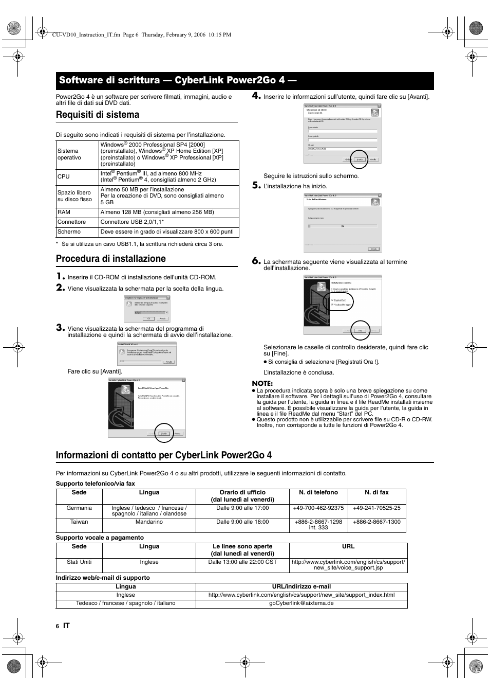 Software di scrittura - cyberlink power2go 4, Requisiti di sistema, Procedura di installazione | Informazioni di contatto per cyberlink power2go 4, Software di scrittura — cyberlink power2go 4 | JVC CU-VD10 User Manual | Page 36 / 112