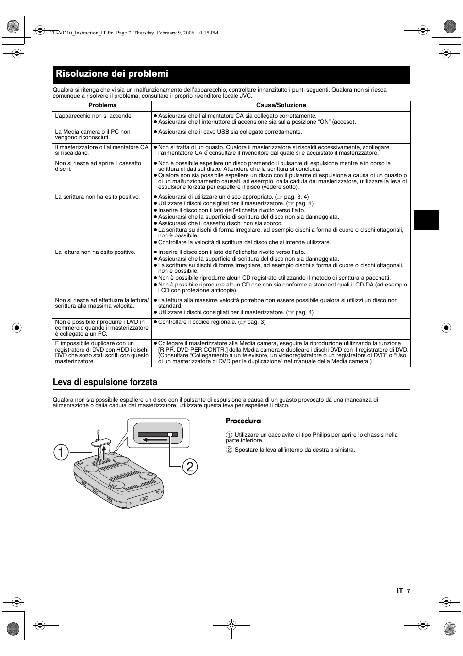 Risoluzione dei problemi, Procedura, Leva di espulsione forzata | JVC CU-VD10 User Manual | Page 37 / 112