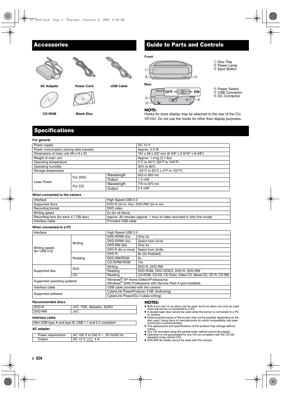 Accessories, Guide to parts and controls, Specifications | JVC CU-VD10 User Manual | Page 4 / 112