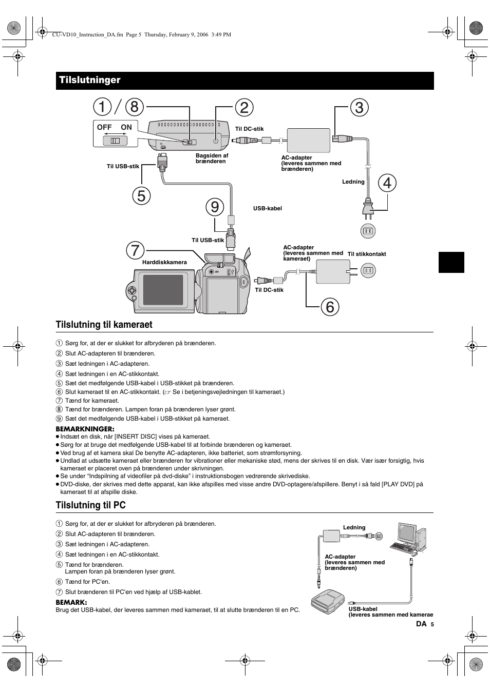 Tilslutninger, Tilslutning til kameraet, Tilslutning til pc | JVC CU-VD10 User Manual | Page 41 / 112