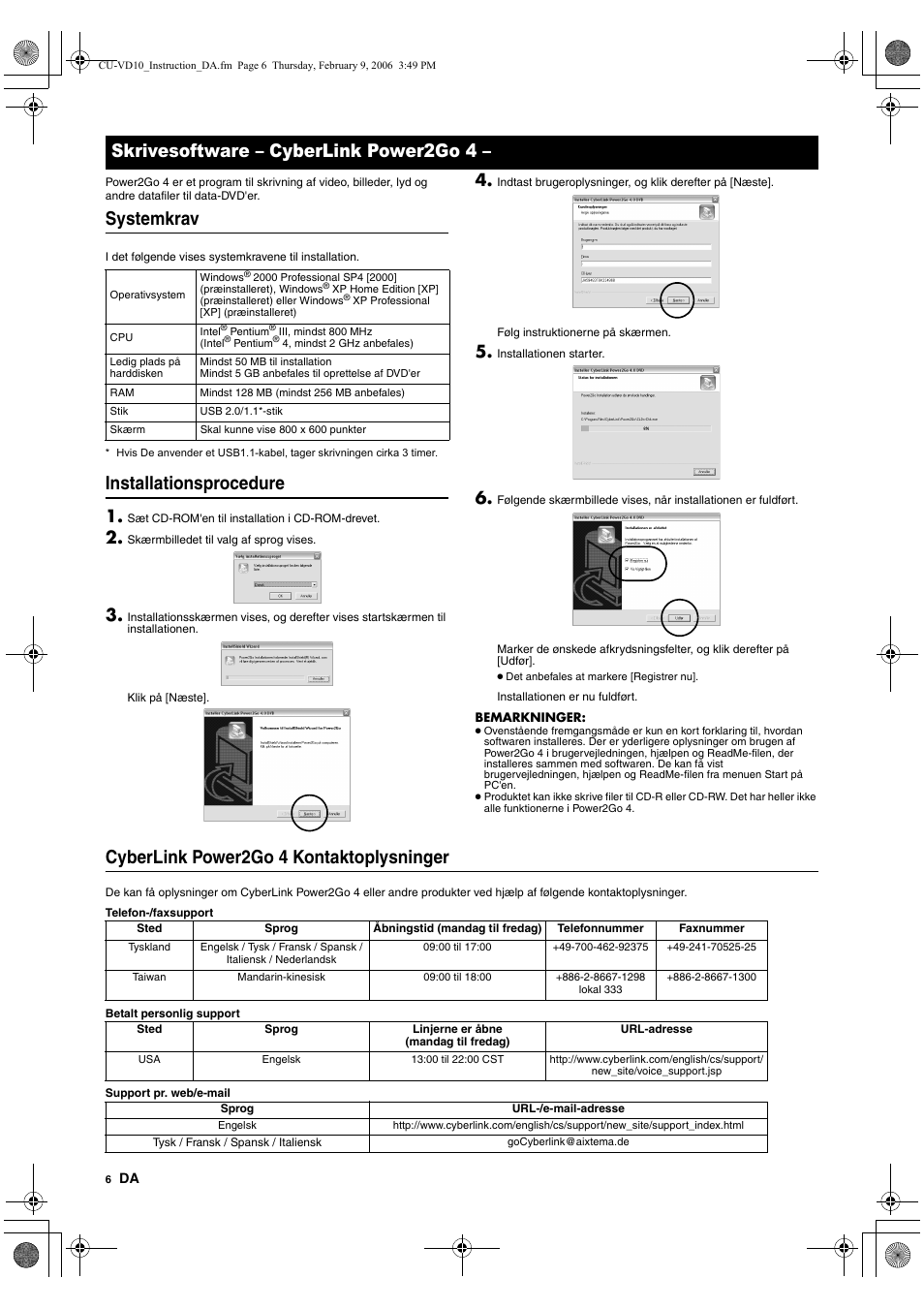 Skrivesoftware - cyberlink power2go 4, Systemkrav, Installationsprocedure | Cyberlink power2go 4 kontaktoplysninger, Skrivesoftware – cyberlink power2go 4 | JVC CU-VD10 User Manual | Page 42 / 112
