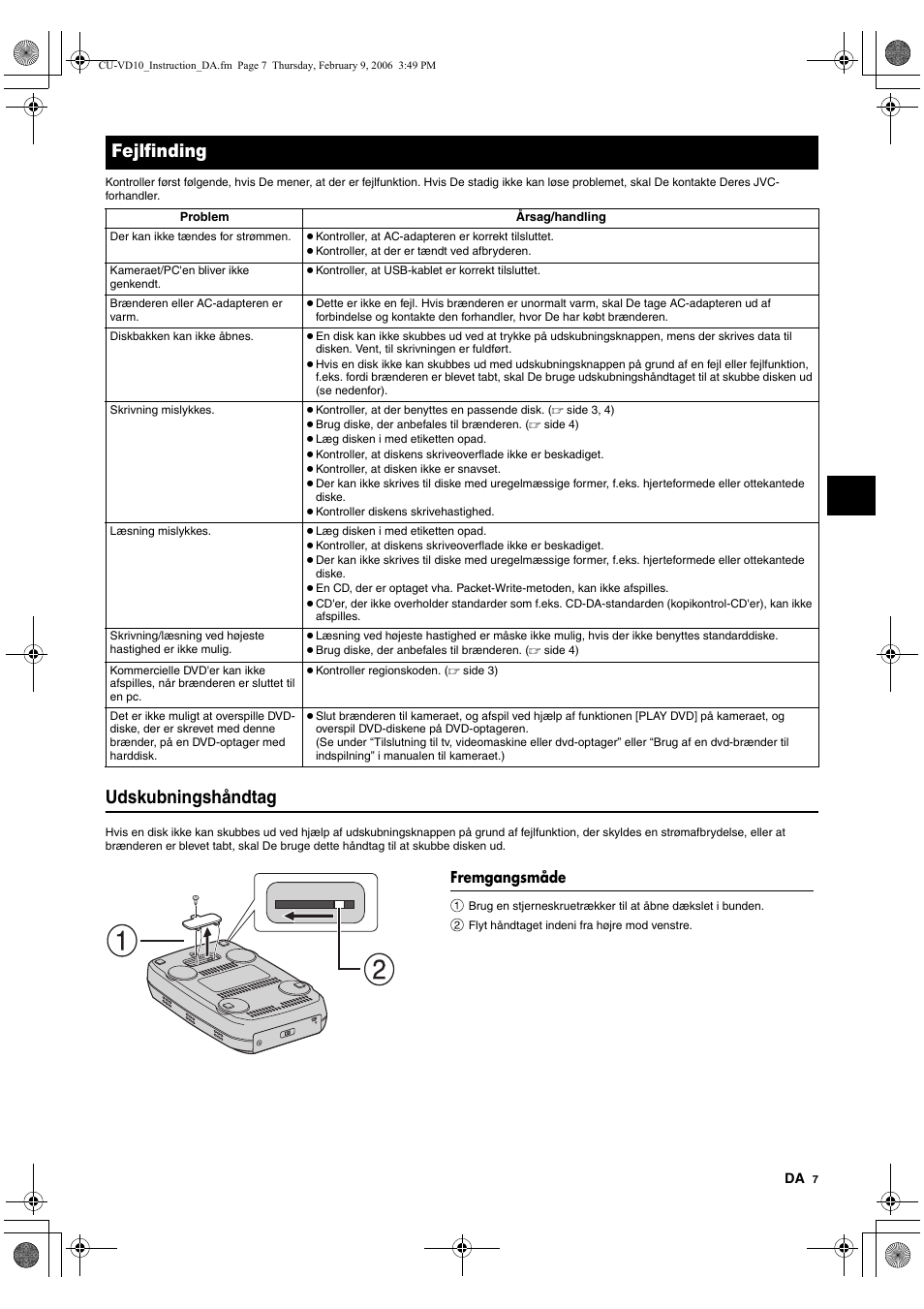 Fejlfinding, Fremgangsmåde, Udskubningshåndtag | JVC CU-VD10 User Manual | Page 43 / 112