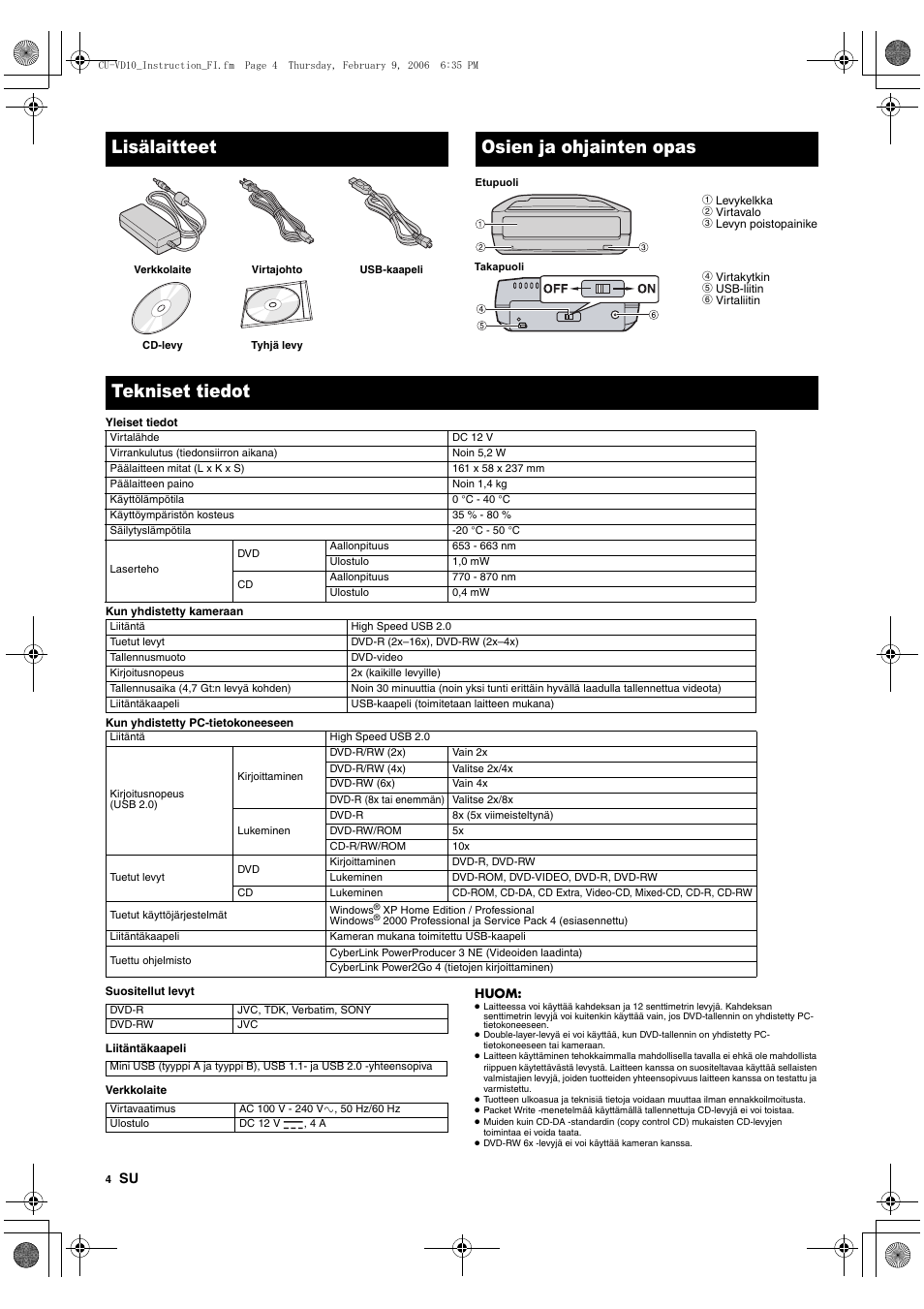 Lisälaitteet, Osien ja ohjainten opas, Tekniset tiedot | JVC CU-VD10 User Manual | Page 46 / 112