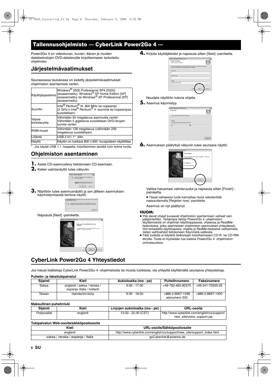 Tallennusohjelmisto - cyberlink power2go 4, Järjestelmävaatimukset, Ohjelmiston asentaminen | Cyberlink power2go 4 yhteystiedot, Tallennusohjelmisto — cyberlink power2go 4 | JVC CU-VD10 User Manual | Page 48 / 112