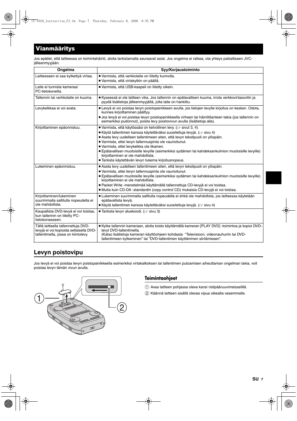 Vianmääritys, Toimintaohjeet, Levyn poistovipu | JVC CU-VD10 User Manual | Page 49 / 112