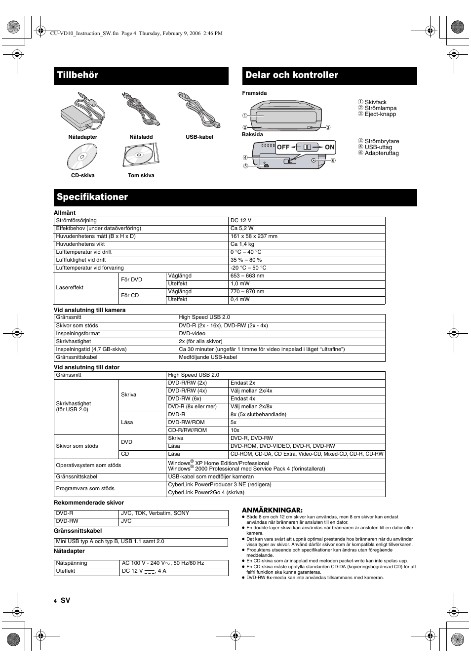 Tillbehör, Delar och kontroller, Specifikationer | JVC CU-VD10 User Manual | Page 52 / 112