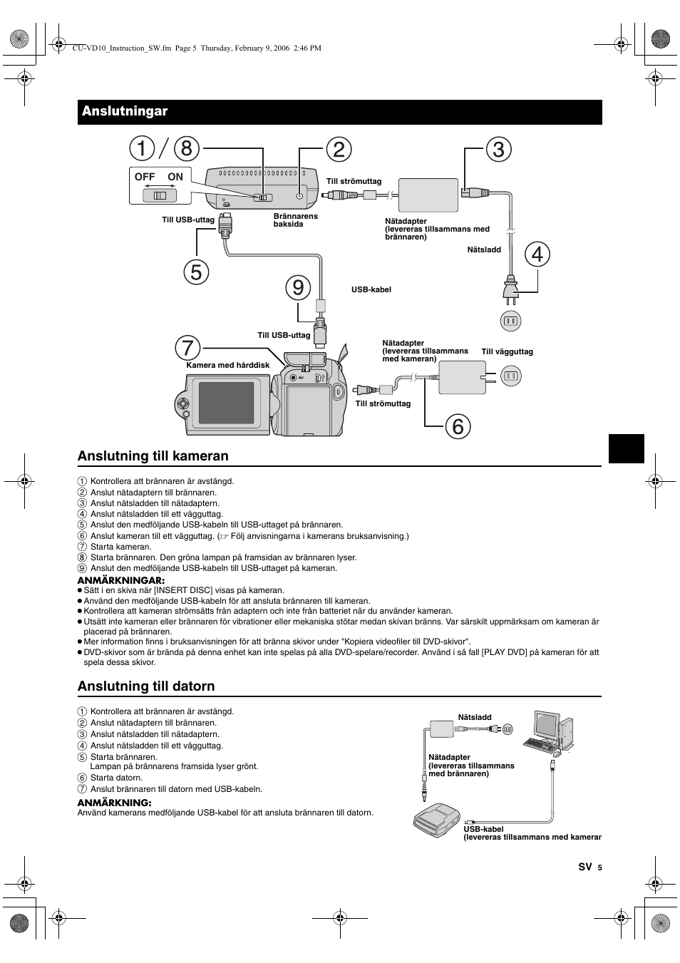 Anslutningar, Anslutning till kameran, Anslutning till datorn | JVC CU-VD10 User Manual | Page 53 / 112
