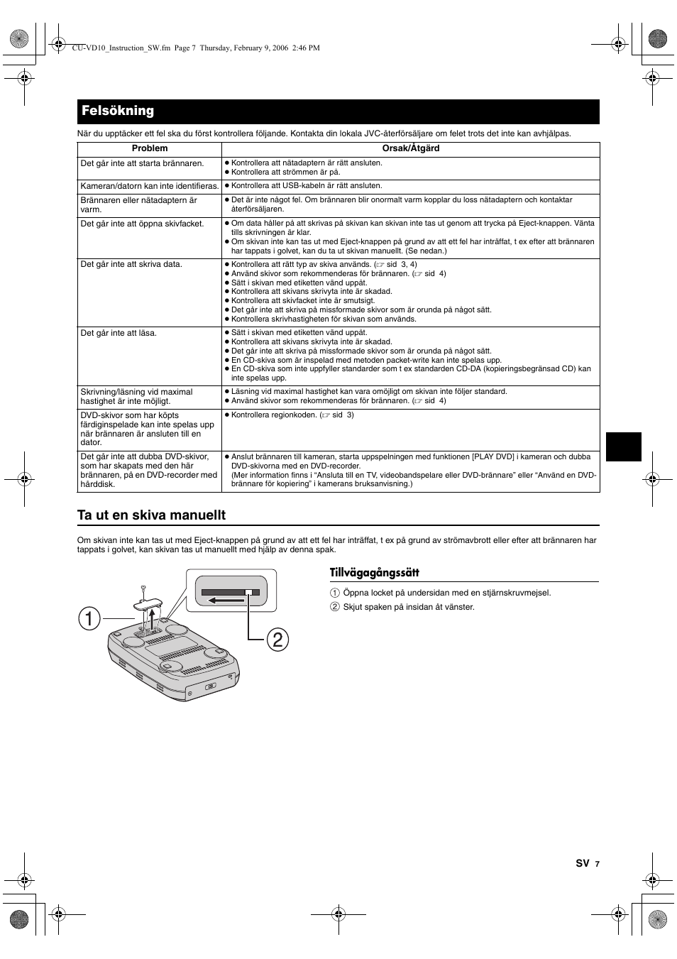 Felsökning, Tillvägagångssätt, Ta ut en skiva manuellt | JVC CU-VD10 User Manual | Page 55 / 112