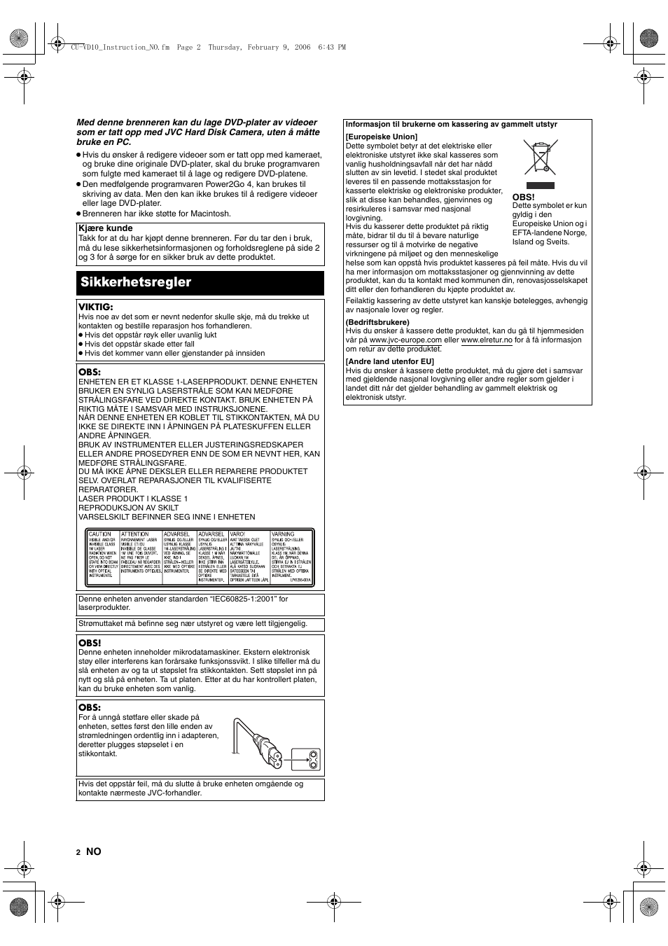 Sikkerhetsregler | JVC CU-VD10 User Manual | Page 56 / 112