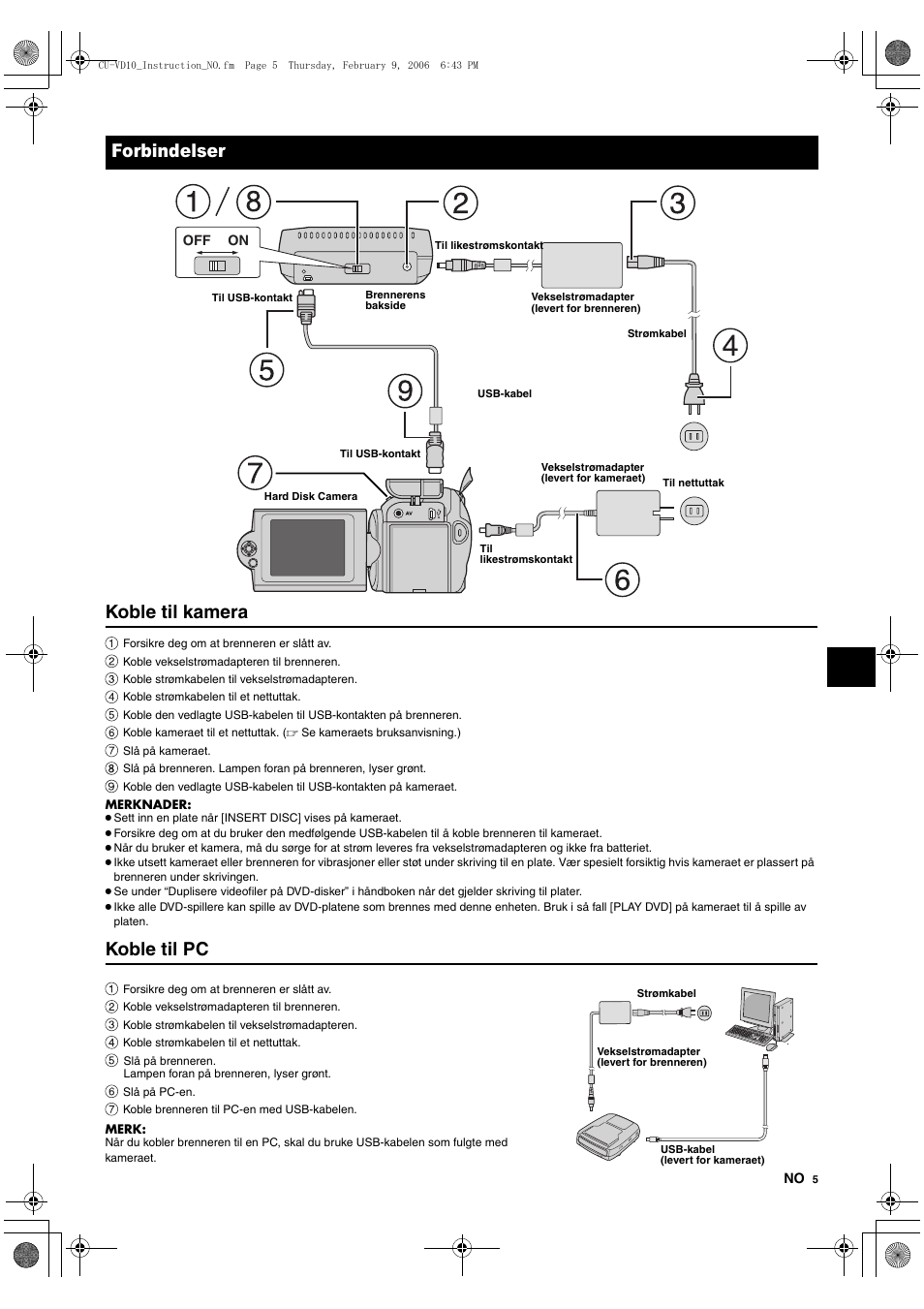 Forbindelser, Koble til kamera, Koble til pc | JVC CU-VD10 User Manual | Page 59 / 112