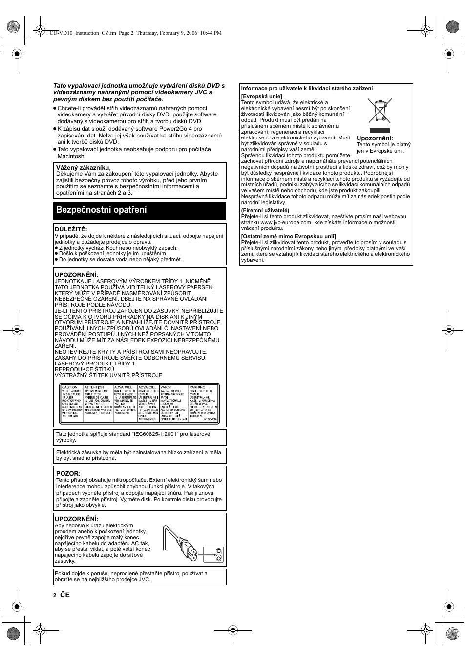 Bezpeènostní opatøení, Bezpečnostní opatření | JVC CU-VD10 User Manual | Page 68 / 112