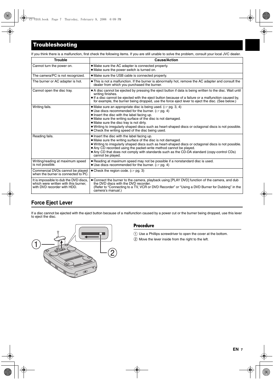 Troubleshooting, Procedure, Force eject lever | JVC CU-VD10 User Manual | Page 7 / 112