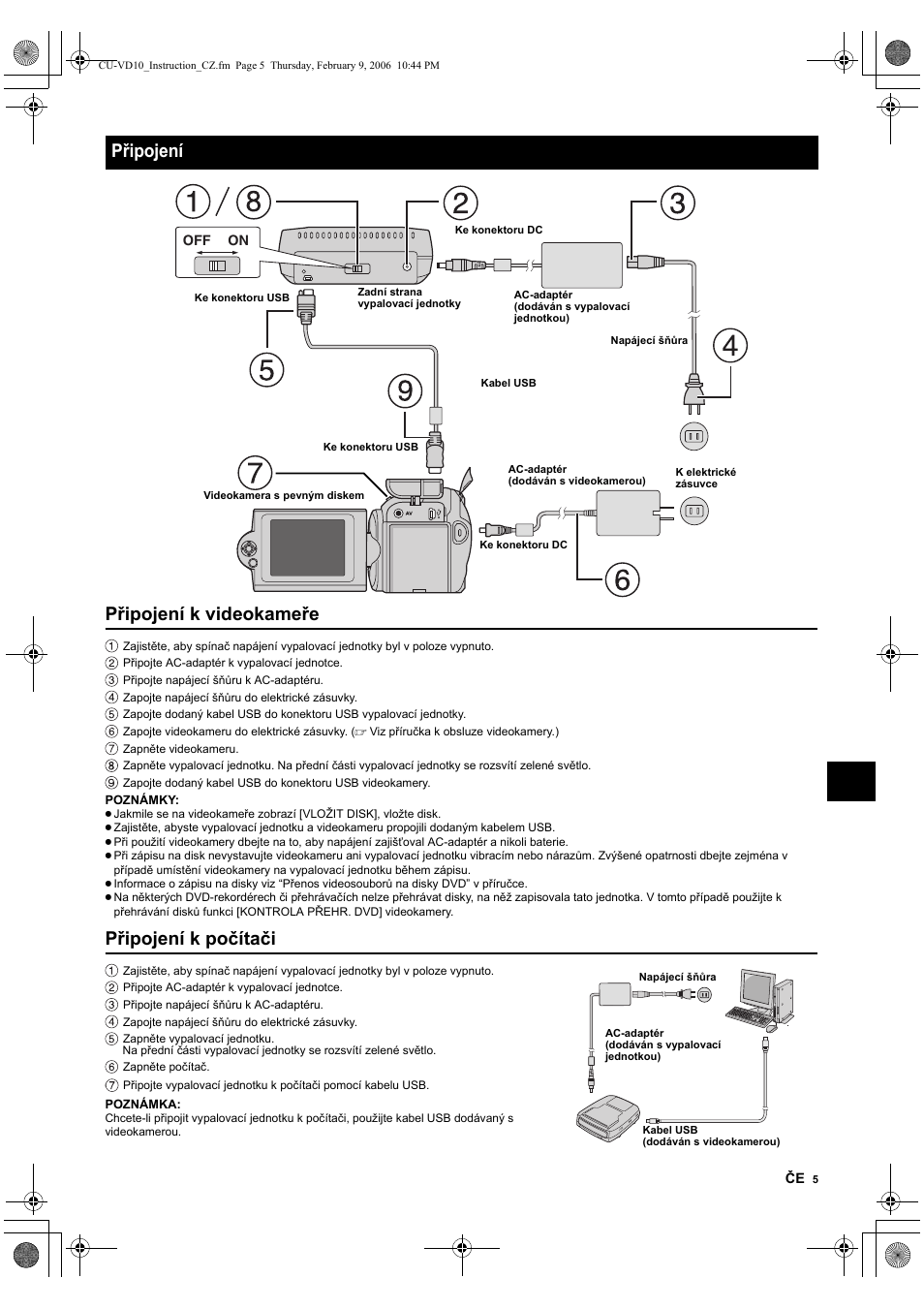 Pøipojení, Připojení, Připojení k videokameře | Připojení k počítači | JVC CU-VD10 User Manual | Page 71 / 112