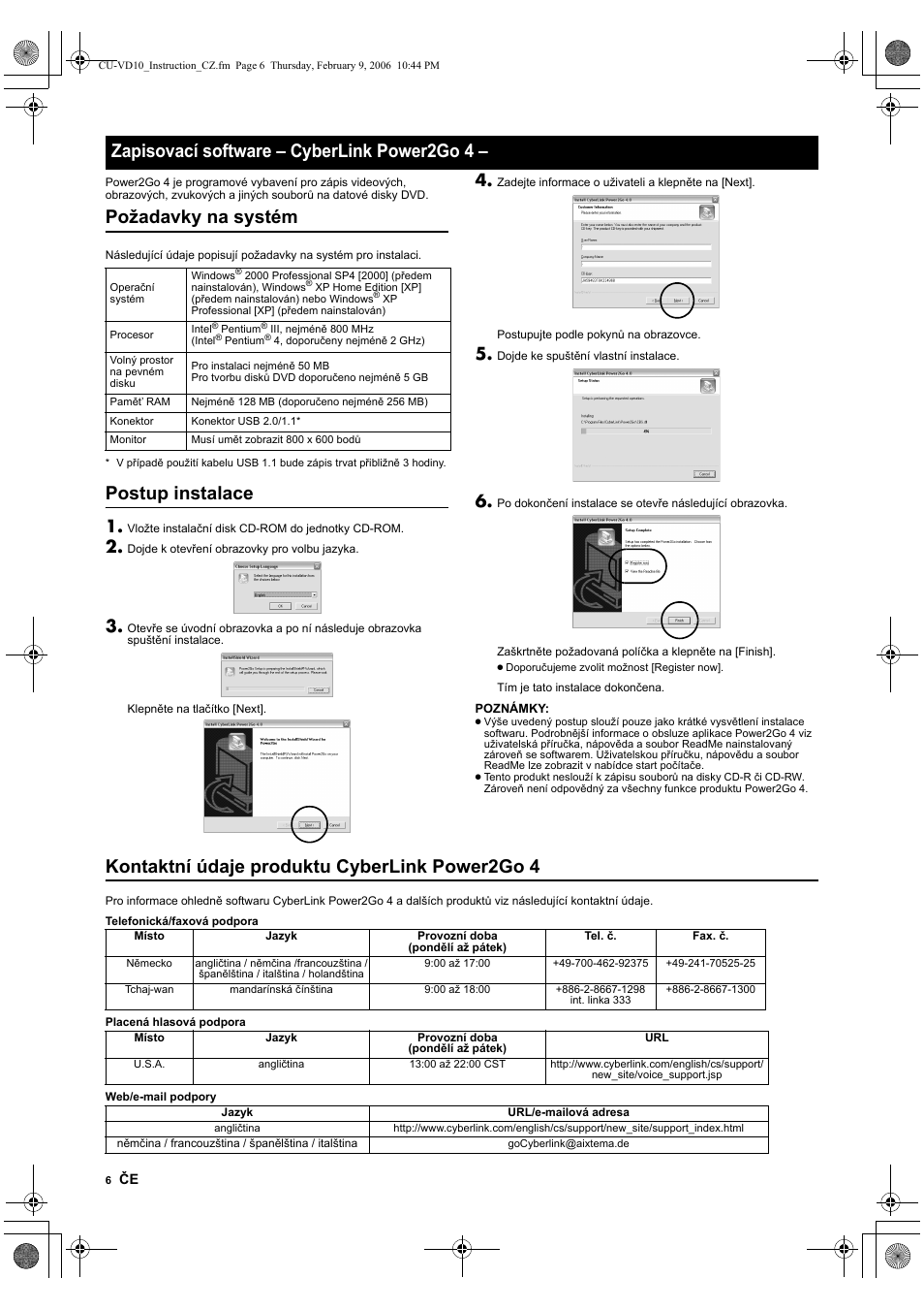 Zapisovací software - cyberlink power2go 4, Požadavky na systém, Postup instalace | Kontaktní údaje produktu cyberlink power2go 4, Zapisovací software – cyberlink power2go 4 | JVC CU-VD10 User Manual | Page 72 / 112