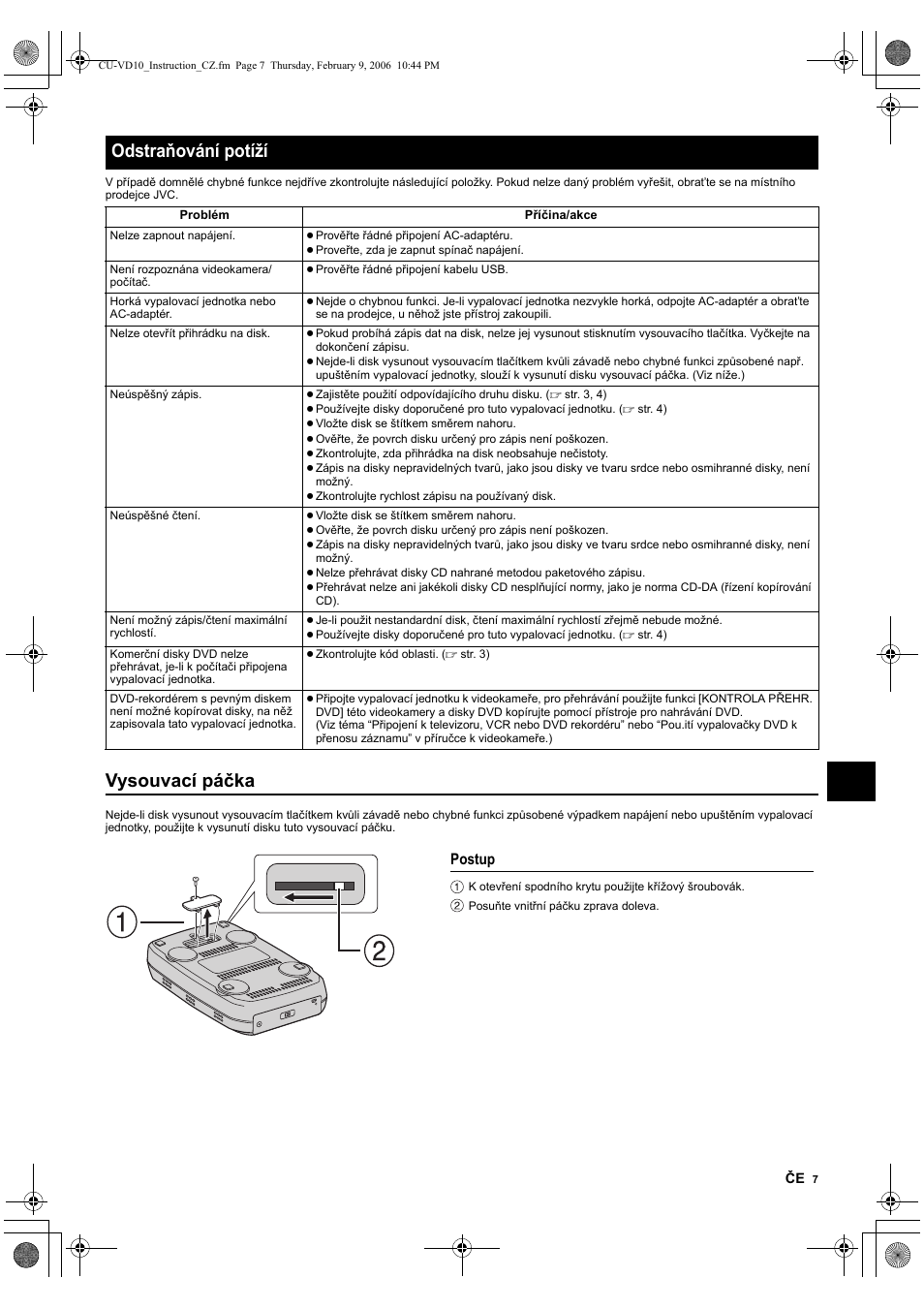 Odstraòování potí˛í, Postup, Vysouvací páčka | Odstraňování potíží | JVC CU-VD10 User Manual | Page 73 / 112