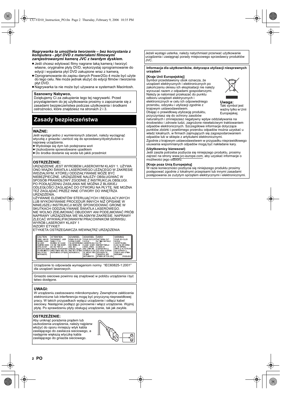 Zasady bezpieczeñstwa, Zasady bezpieczeństwa | JVC CU-VD10 User Manual | Page 74 / 112