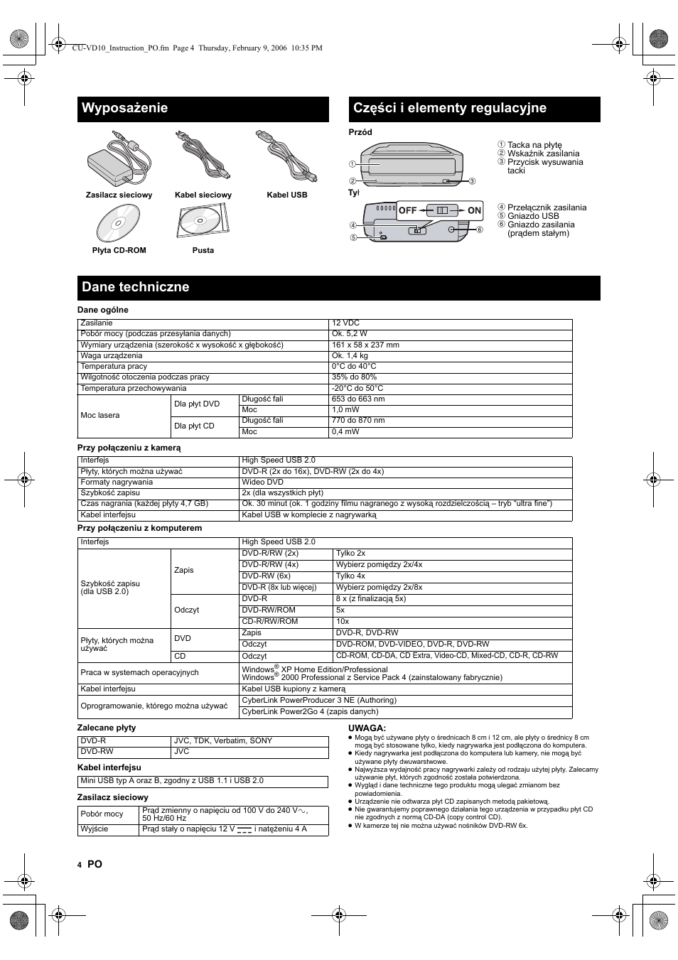Wyposa¿enie, Czêœci i elementy regulacyjne, Dane techniczne | Wyposażenie, Części i elementy regulacyjne | JVC CU-VD10 User Manual | Page 76 / 112
