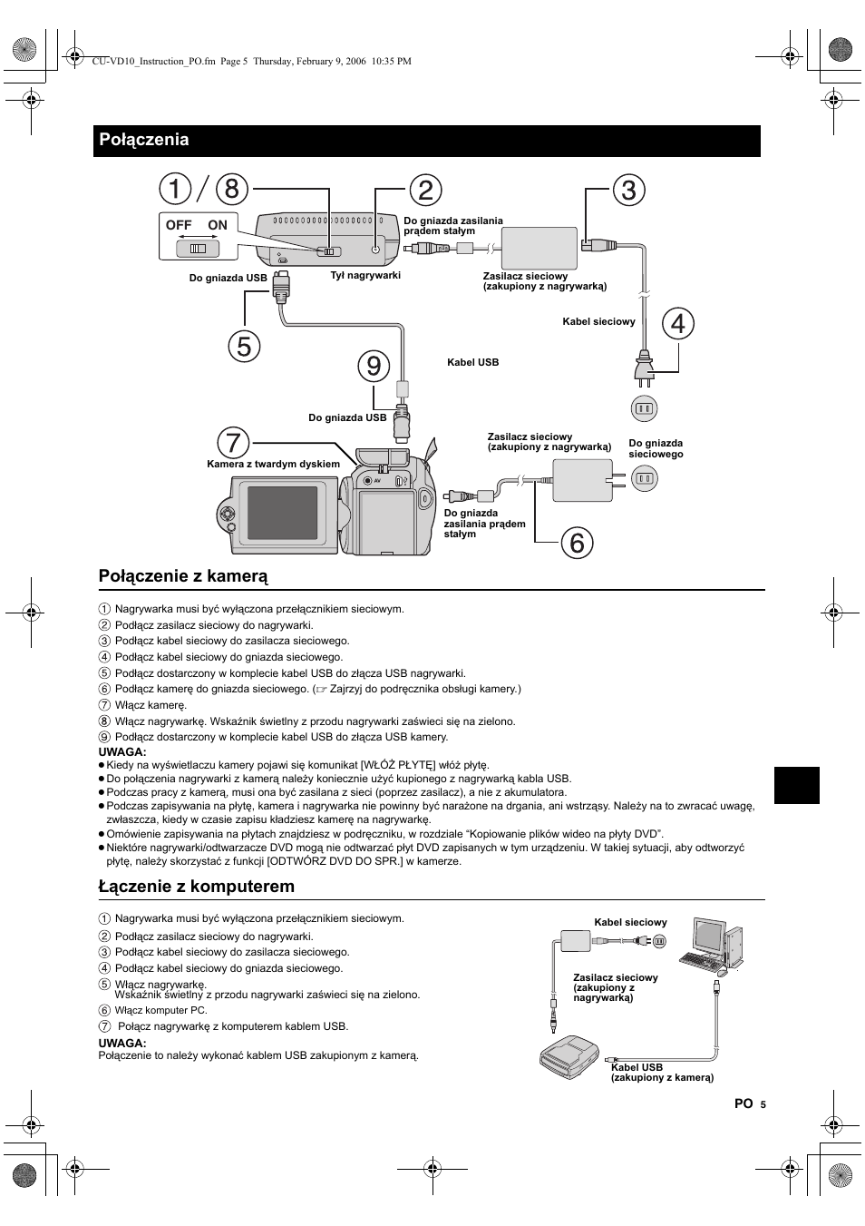 Po¸¶czenia, Połączenia, Połączenie z kamerą | Łączenie z komputerem | JVC CU-VD10 User Manual | Page 77 / 112