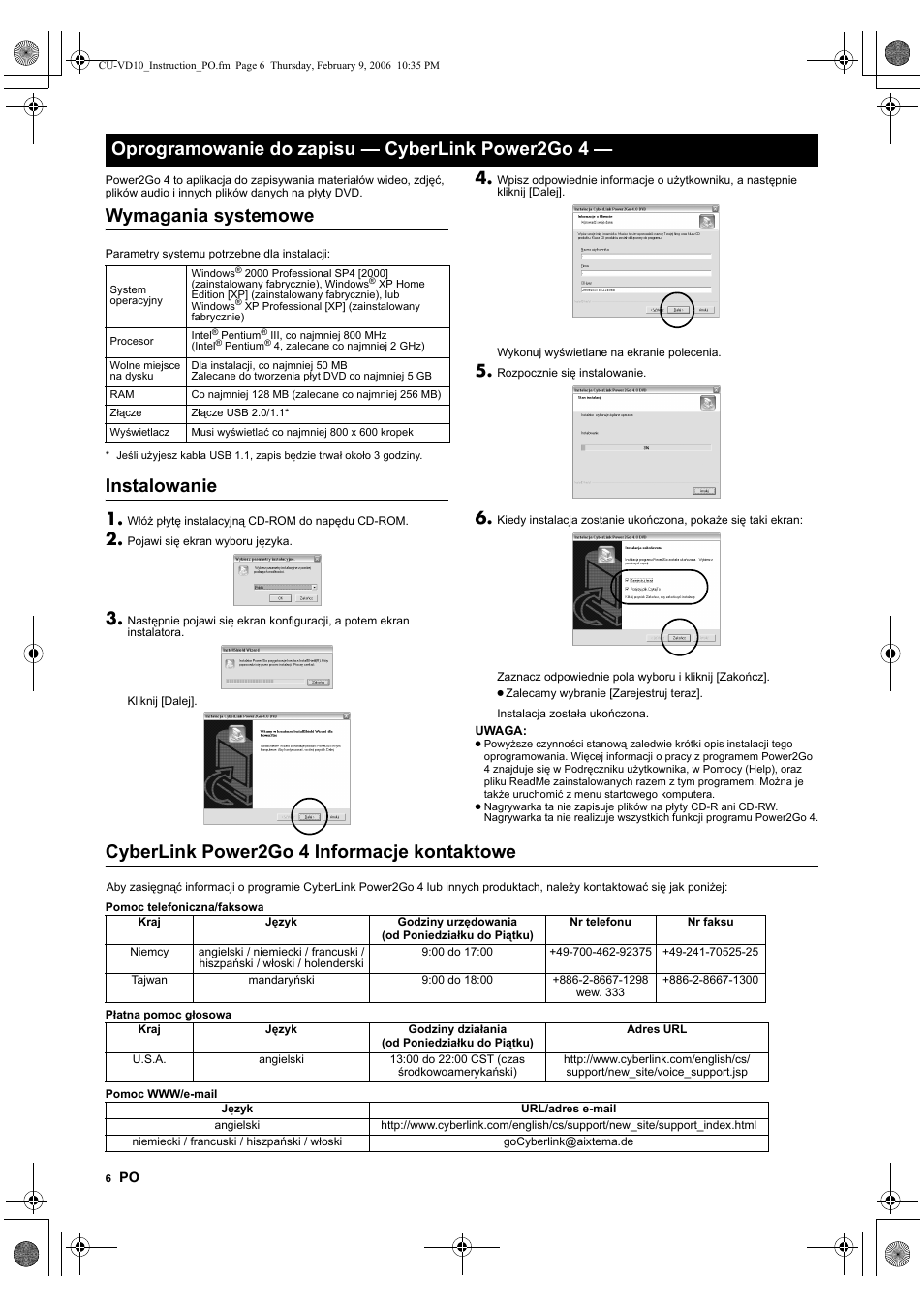 Oprogramowanie do zapisu - cyberlink power2go 4, Wymagania systemowe, Instalowanie | Cyberlink power2go 4 informacje kontaktowe, Oprogramowanie do zapisu — cyberlink power2go 4 | JVC CU-VD10 User Manual | Page 78 / 112