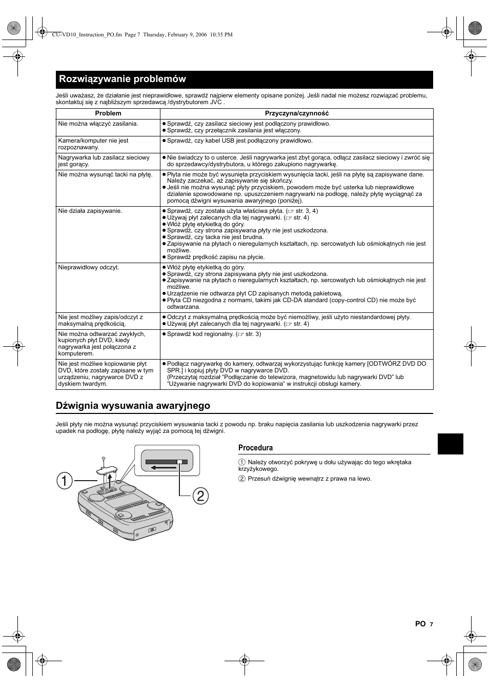 Rozwi¶zywanie problemów, Procedura, Dźwignia wysuwania awaryjnego | Rozwiązywanie problemów | JVC CU-VD10 User Manual | Page 79 / 112