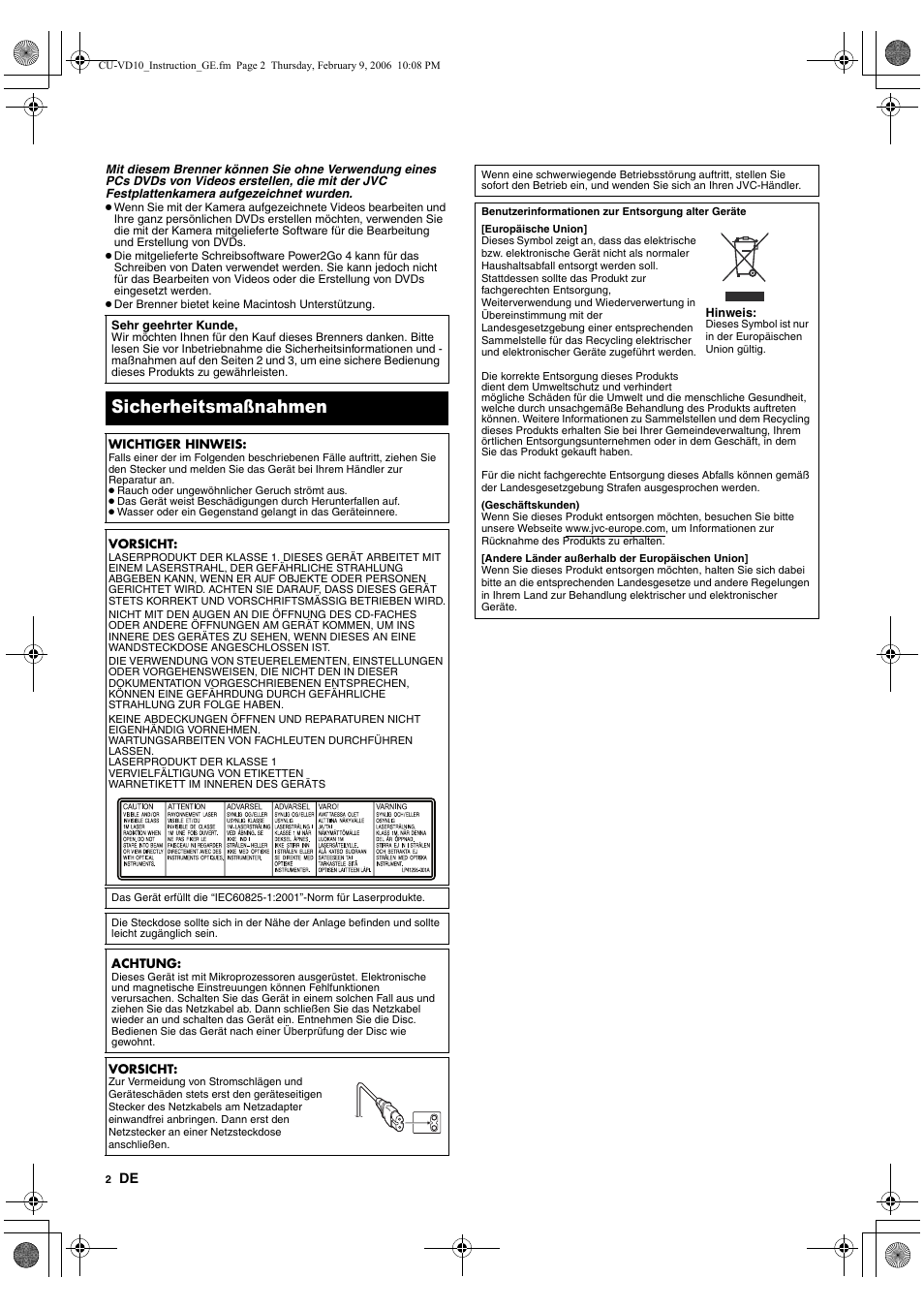 Sicherheitsmaßnahmen | JVC CU-VD10 User Manual | Page 8 / 112