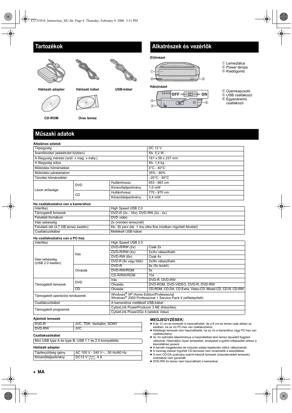 Tartozékok, Alkatrészek és vezérlõk, Mûszaki adatok | Alkatrészek és vezérlők, Műszaki adatok | JVC CU-VD10 User Manual | Page 82 / 112