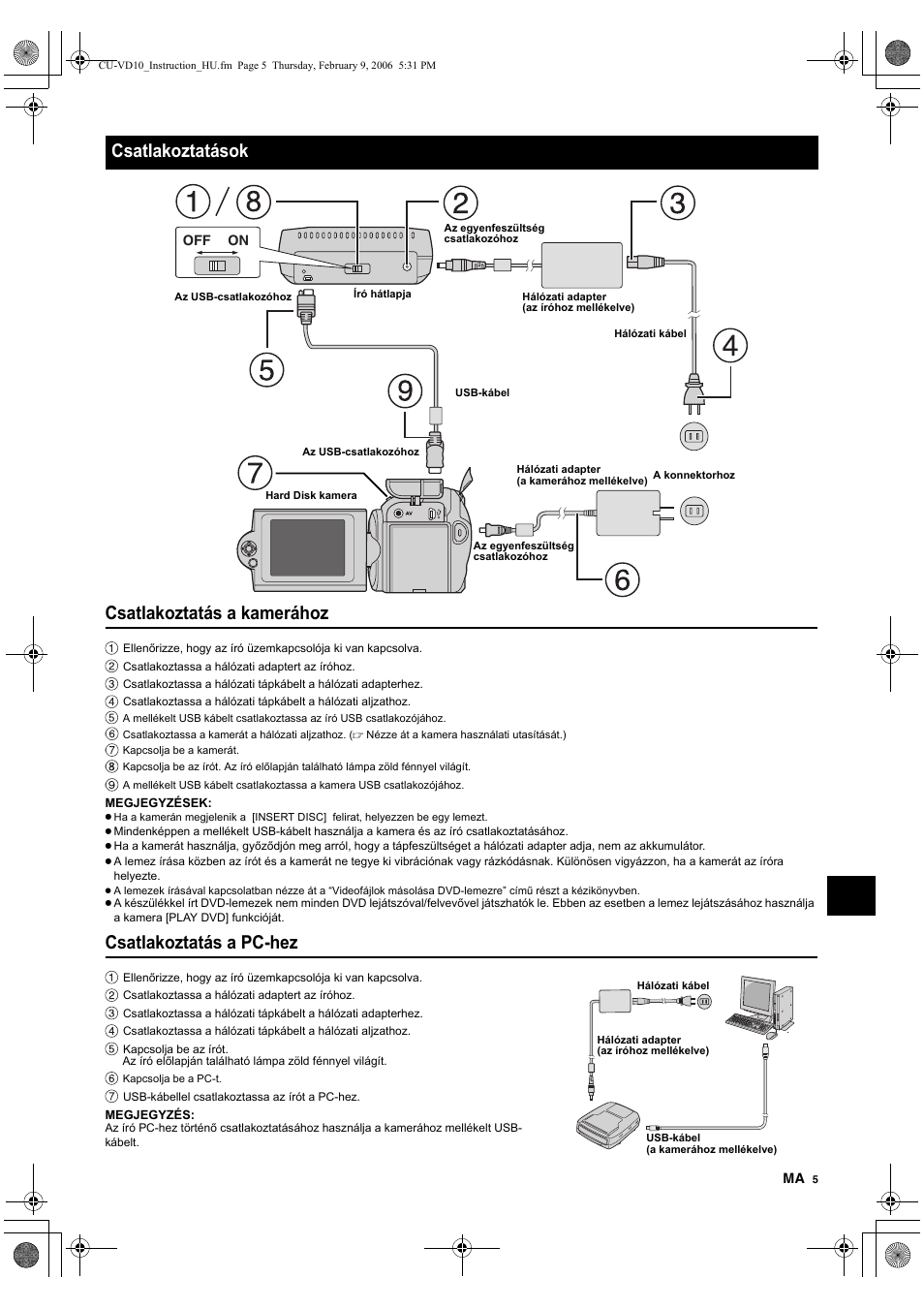 Csatlakoztatások, Csatlakoztatás a kamerához, Csatlakoztatás a pc-hez | JVC CU-VD10 User Manual | Page 83 / 112