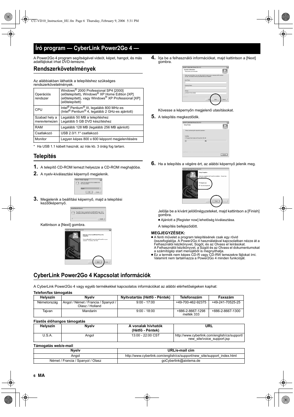 Író program - cyberlink power2go 4, Rendszerkövetelmények, Telepítés | Cyberlink power2go 4 kapcsolat információk, Író program — cyberlink power2go 4 | JVC CU-VD10 User Manual | Page 84 / 112