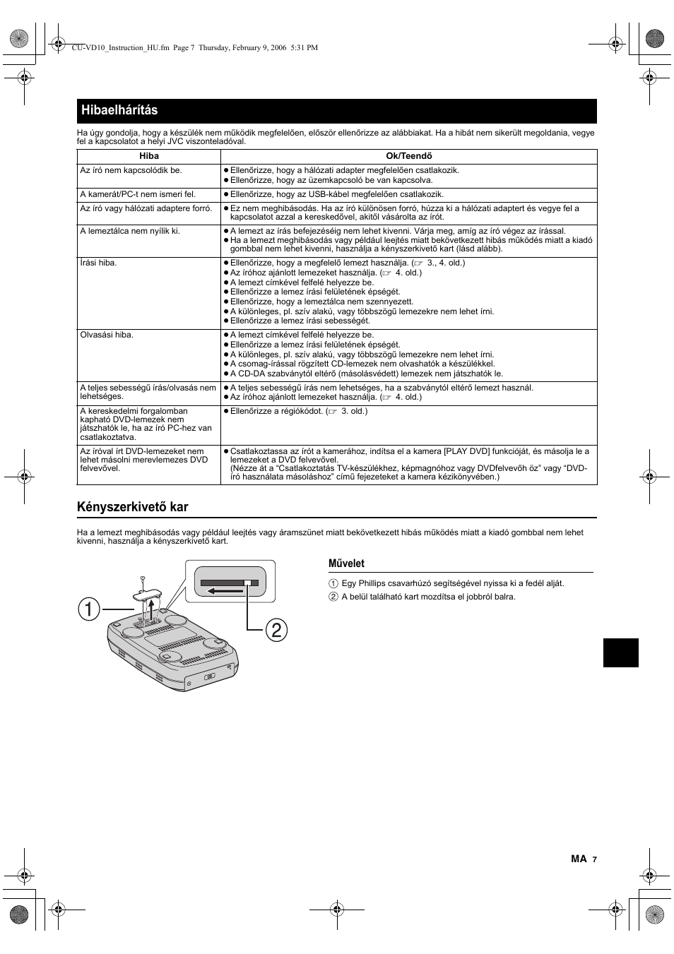 Hibaelhárítás, Mûvelet, Kényszerkivető kar | JVC CU-VD10 User Manual | Page 85 / 112