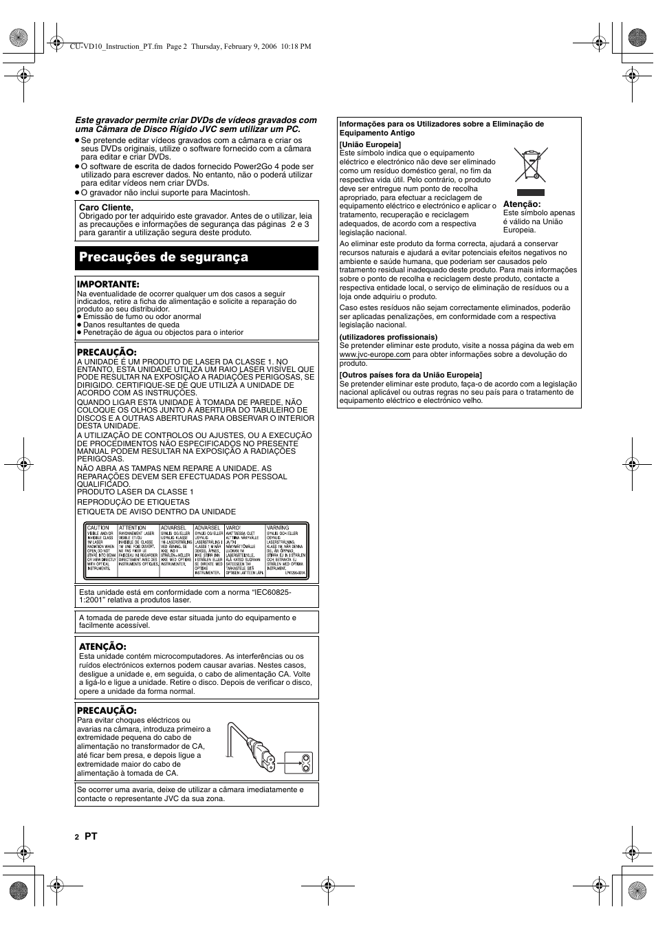 Precauções de segurança | JVC CU-VD10 User Manual | Page 86 / 112