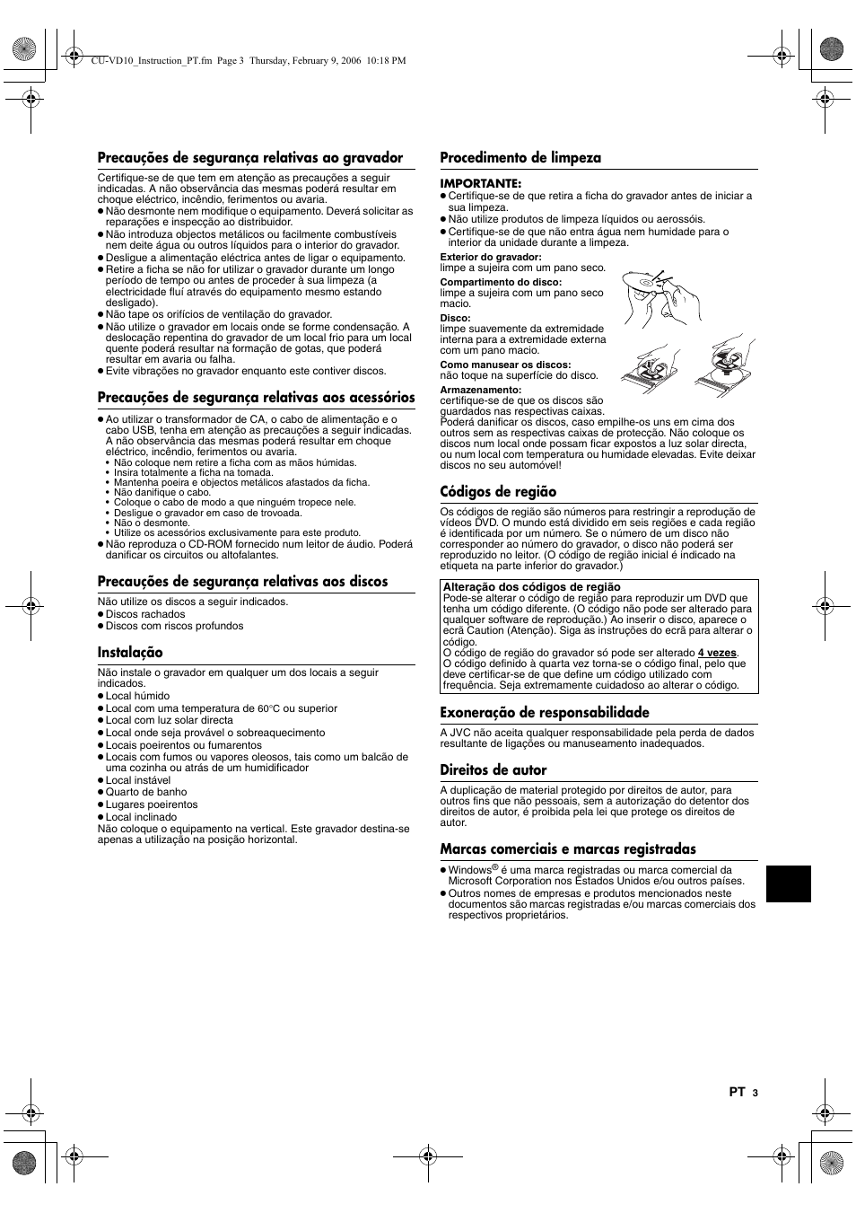 Precauções de segurança relativas ao gravador, Precauções de segurança relativas aos acessórios, Precauções de segurança relativas aos discos | Instalação, Procedimento de limpeza, Códigos de região, Exoneração de responsabilidade, Direitos de autor, Marcas comerciais e marcas registradas | JVC CU-VD10 User Manual | Page 87 / 112