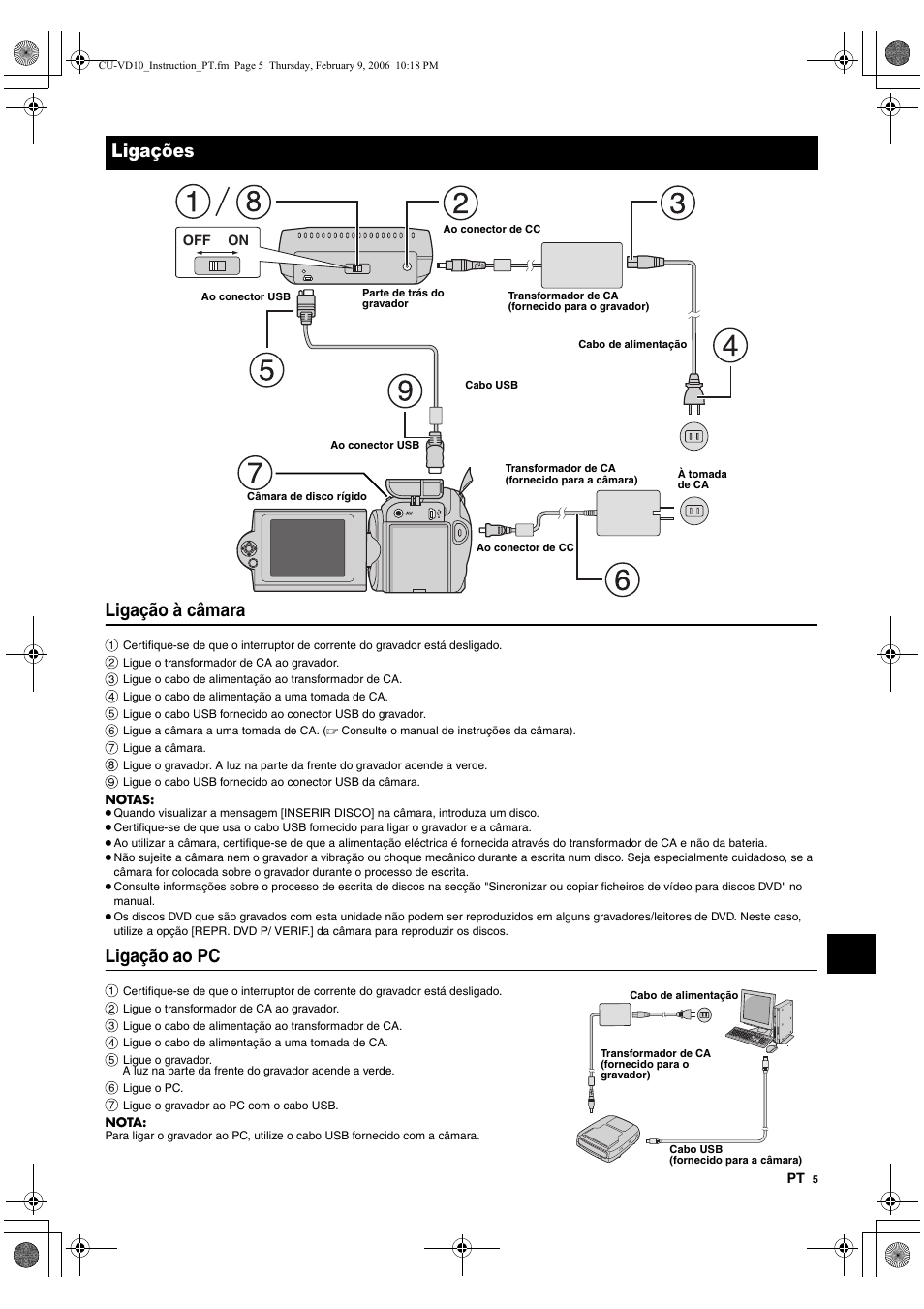 Ligações, Ligação à câmara, Ligação ao pc | JVC CU-VD10 User Manual | Page 89 / 112