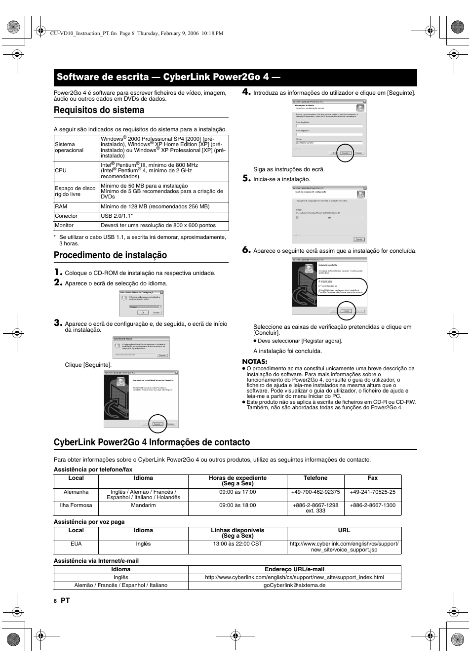 Software de escrita - cyberlink power2go 4, Requisitos do sistema, Procedimento de instalação | Cyberlink power2go 4 informações de contacto, Software de escrita — cyberlink power2go 4 | JVC CU-VD10 User Manual | Page 90 / 112