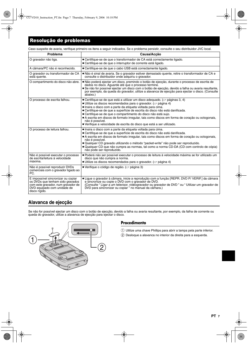 Resolução de problemas, Procedimento, Alavanca de ejecção | JVC CU-VD10 User Manual | Page 91 / 112