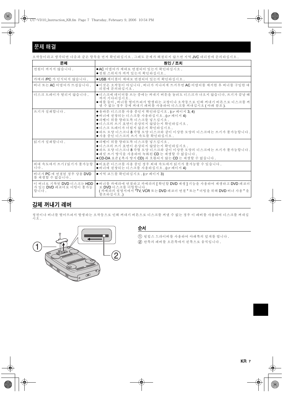 문제 해결, 강제 꺼내기 레버 | JVC CU-VD10 User Manual | Page 97 / 112