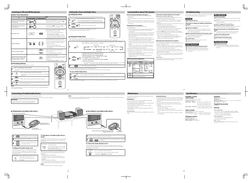 Listening to fm and am broadcasts, Setting the clock and daily timer, Connecting a portable audio device | Learning more about this system, Troubleshooting, Maintenance, Speci. cations | JVC UX-N1S  EN User Manual | Page 2 / 2