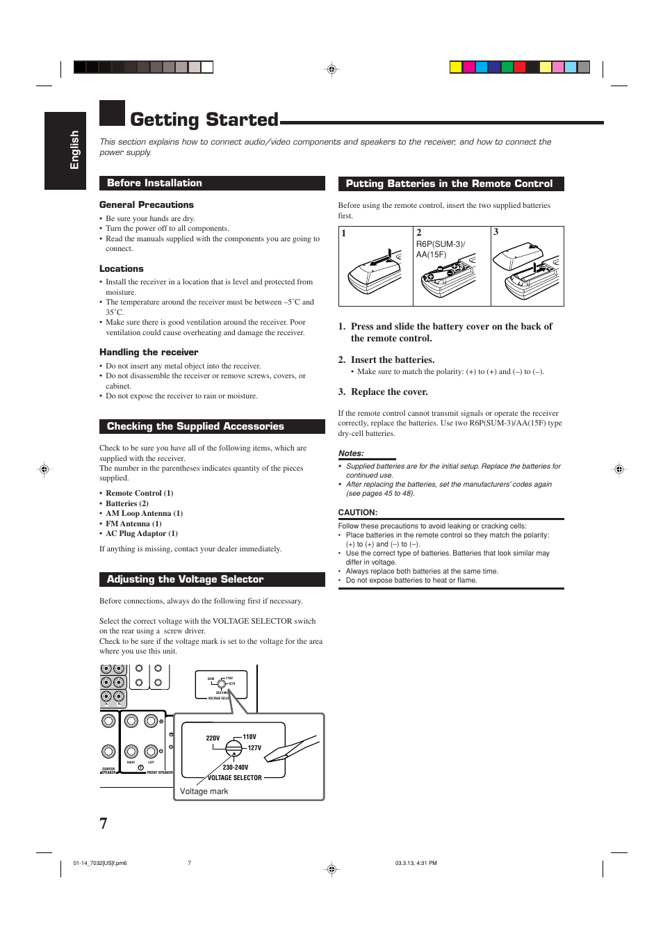 Getting started, English, Before installation | Checking the supplied accessories, Adjusting the voltage selector, 3putting batteries in the remote control, Replace the cover, General precautions, Locations, Handling the receiver | JVC RM-SRX7032U User Manual | Page 10 / 54