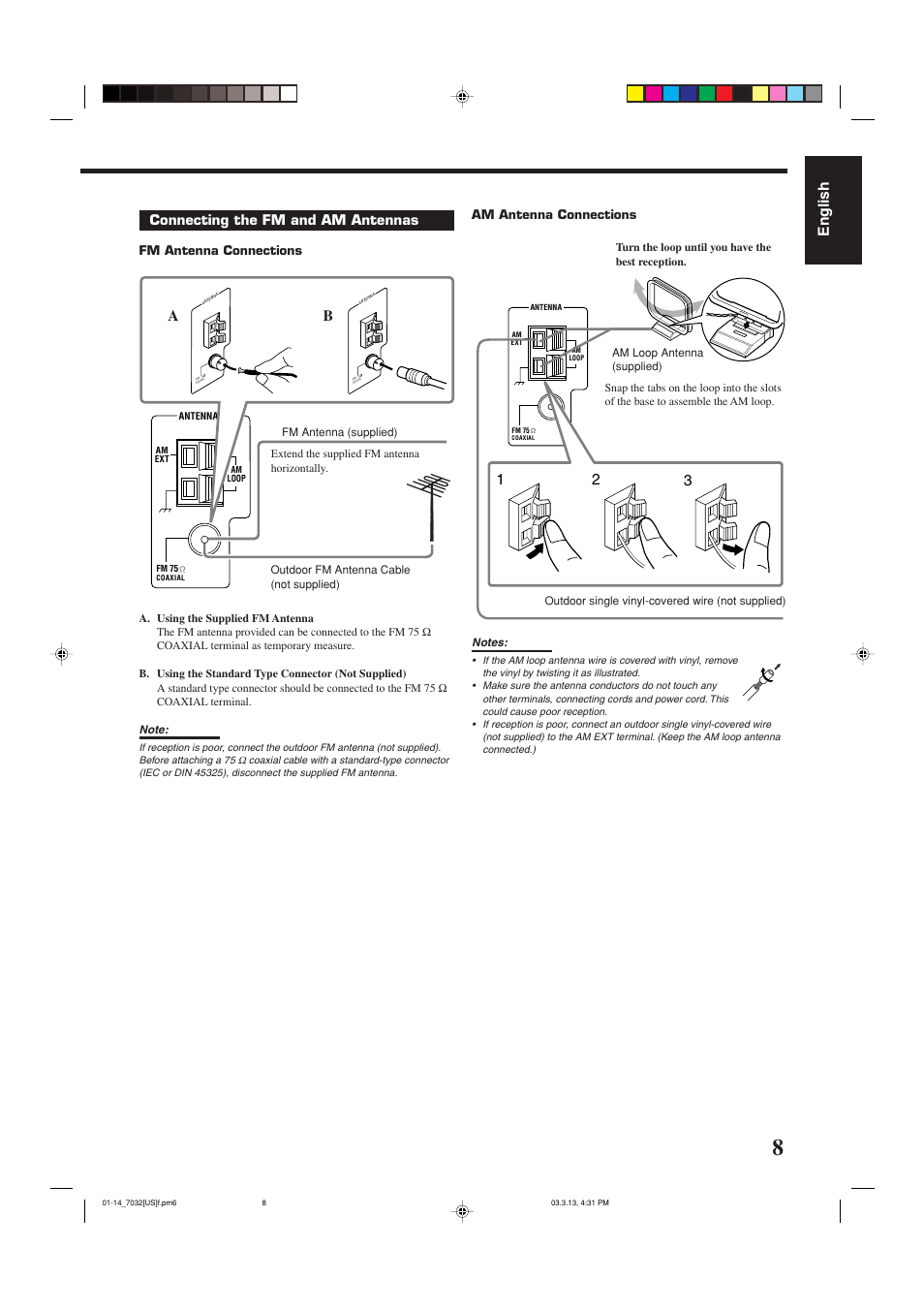 English, Connecting the fm and am antennas | JVC RM-SRX7032U User Manual | Page 11 / 54