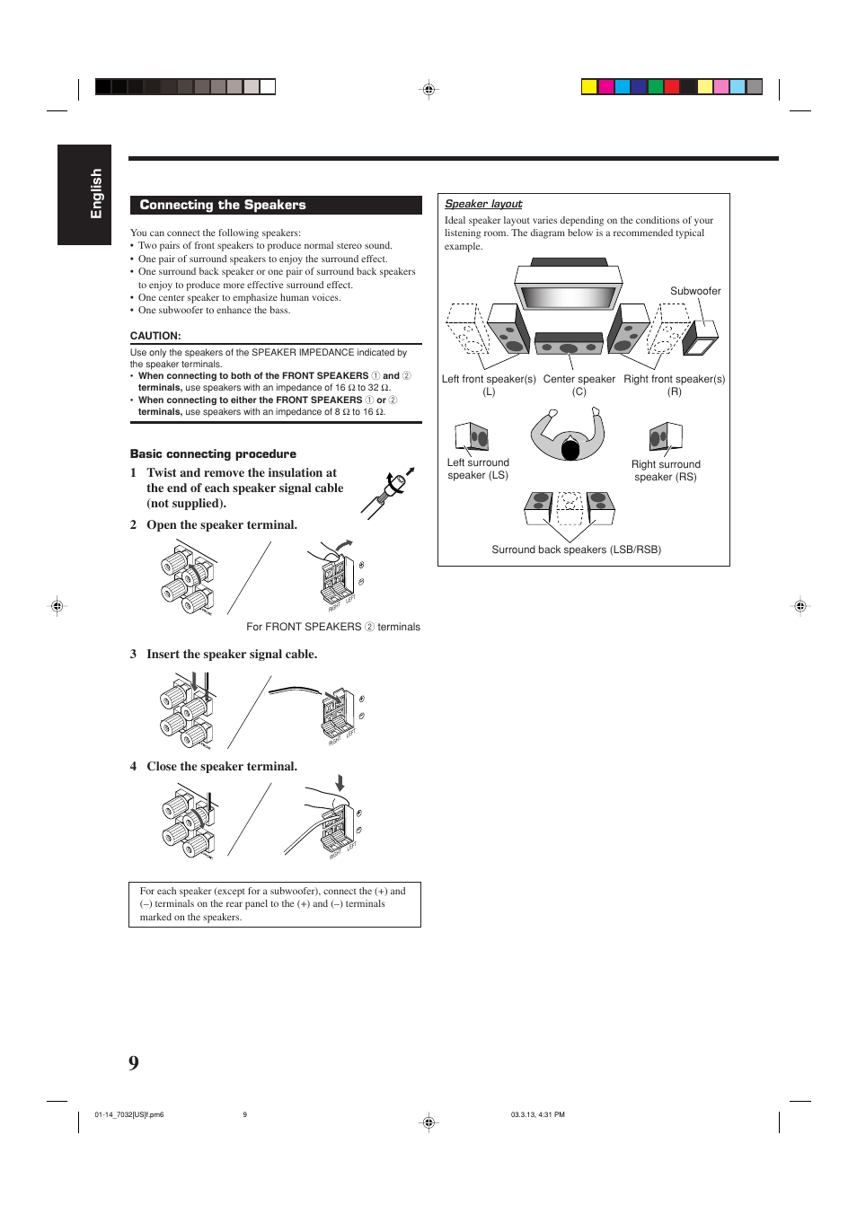 English, Connecting the speakers, Basic connecting procedure | JVC RM-SRX7032U User Manual | Page 12 / 54