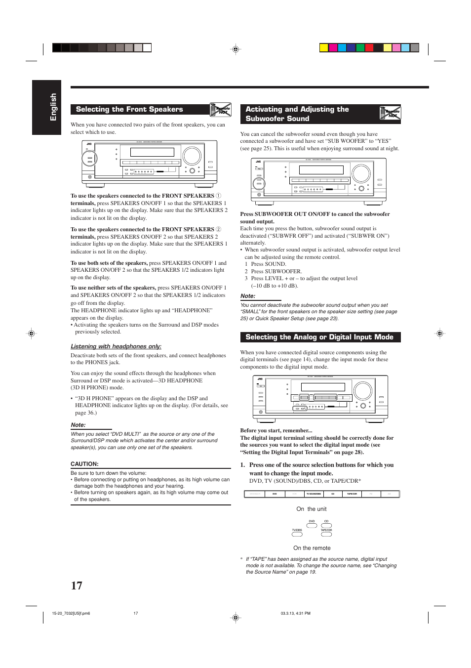 English, Activating and adjusting the subwoofer sound, Selecting the front speakers | Selecting the analog or digital input mode | JVC RM-SRX7032U User Manual | Page 20 / 54