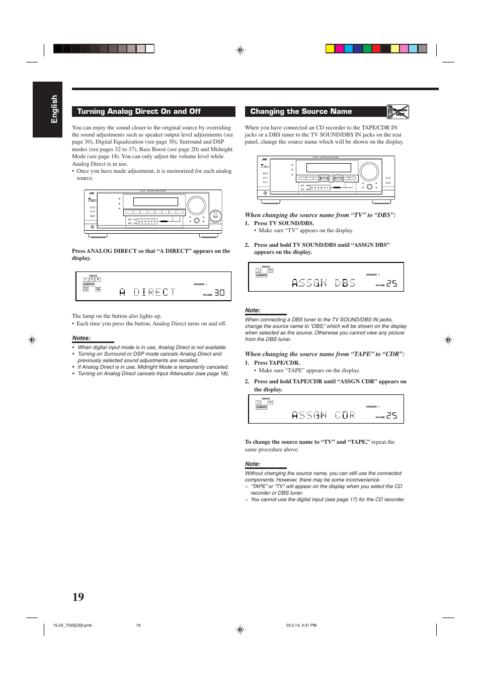 English, Turning analog direct on and off, Changing the source name | Analog direct, When changing the source name from “tv” to “dbs, When changing the source name from “tape” to “cdr | JVC RM-SRX7032U User Manual | Page 22 / 54
