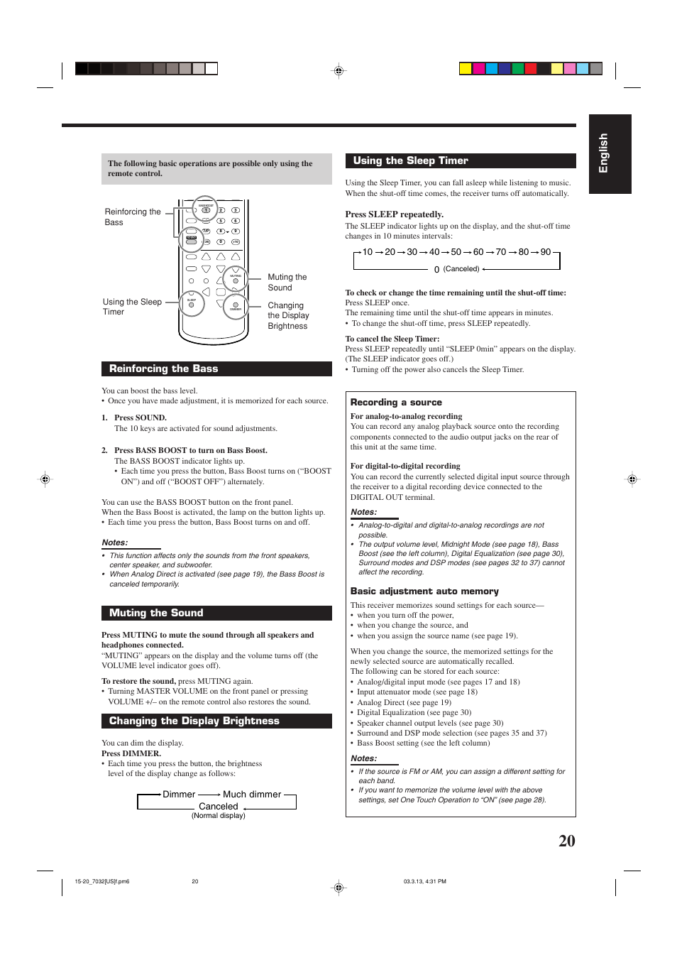 English, Reinforcing the bass, Muting the sound | Changing the display brightness, Using the sleep timer | JVC RM-SRX7032U User Manual | Page 23 / 54