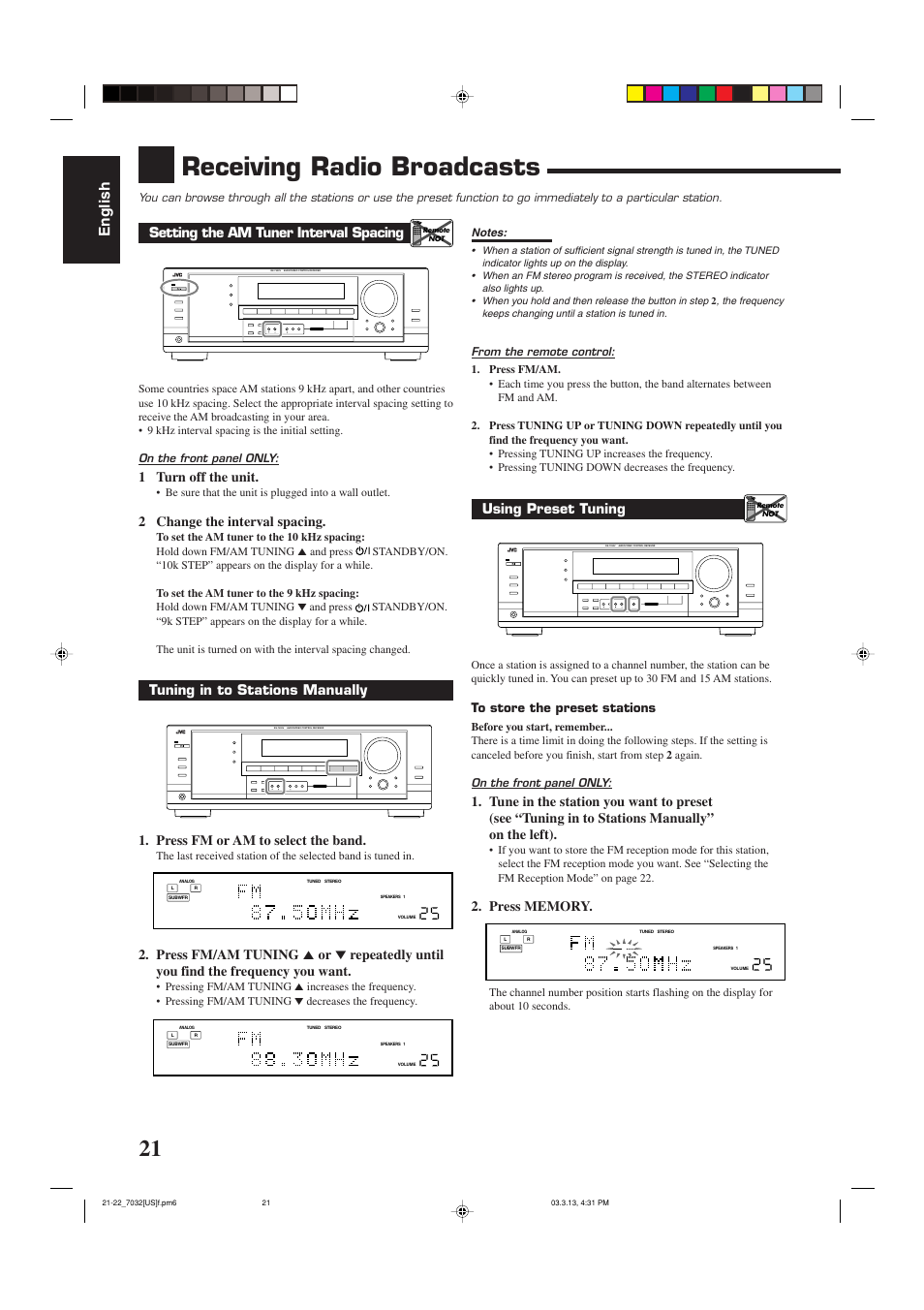 Receiving radio broadcasts, English, Using preset tuning | Setting the am tuner interval spacing, 1 turn off the unit, 2 change the interval spacing | JVC RM-SRX7032U User Manual | Page 24 / 54